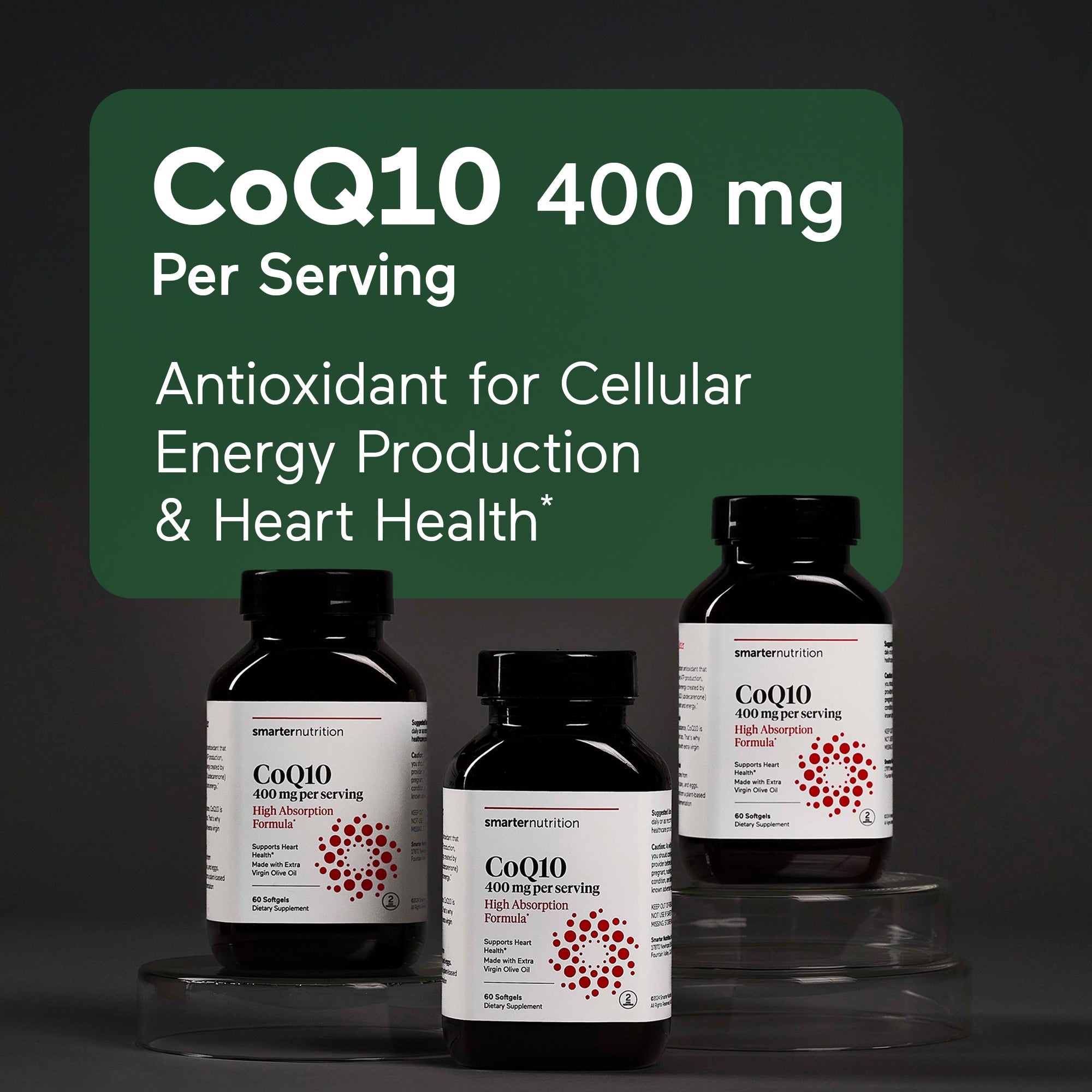 CoQ10 supplement bottles with a green label highlighting the product details on a dark background.