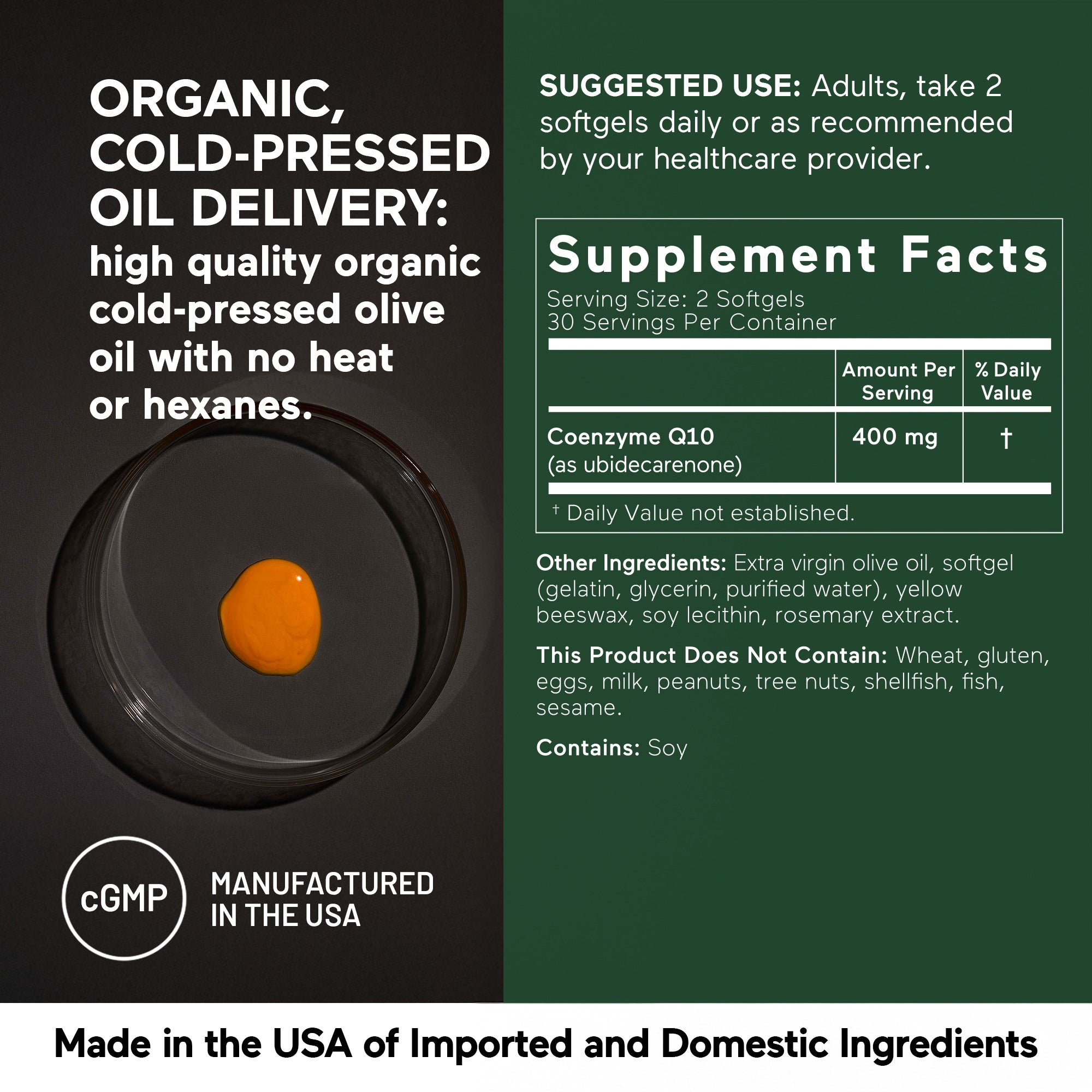 Supplement packaging with olive oil droplet graphic and supplement facts on a dark background