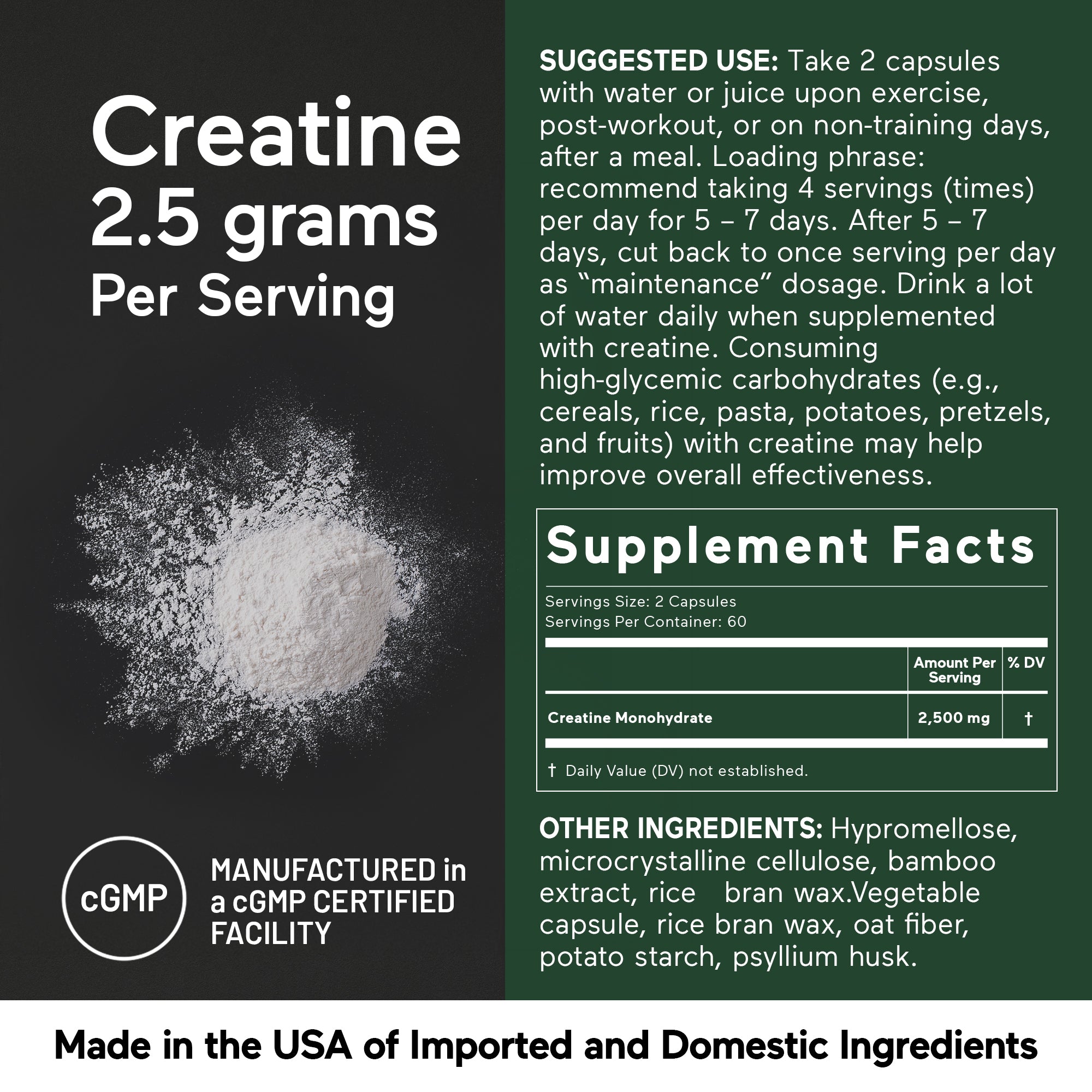 Supplement label for Creatine 120 Capsules with 2.5 grams per serving with powder image and text details.
