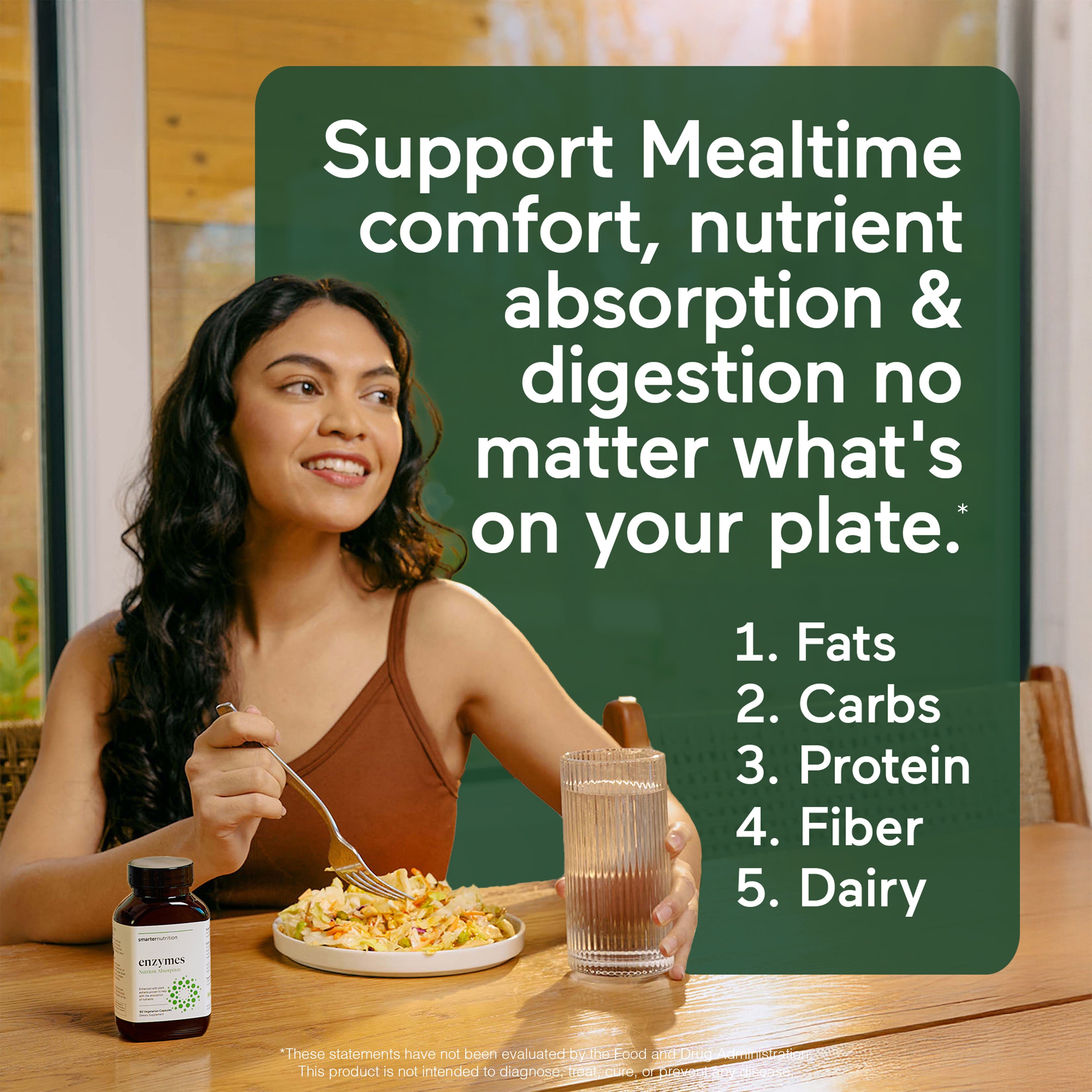 Woman eating a meal with a bottle of Smarter Nutrition Enzymes, with text about mealtime support.