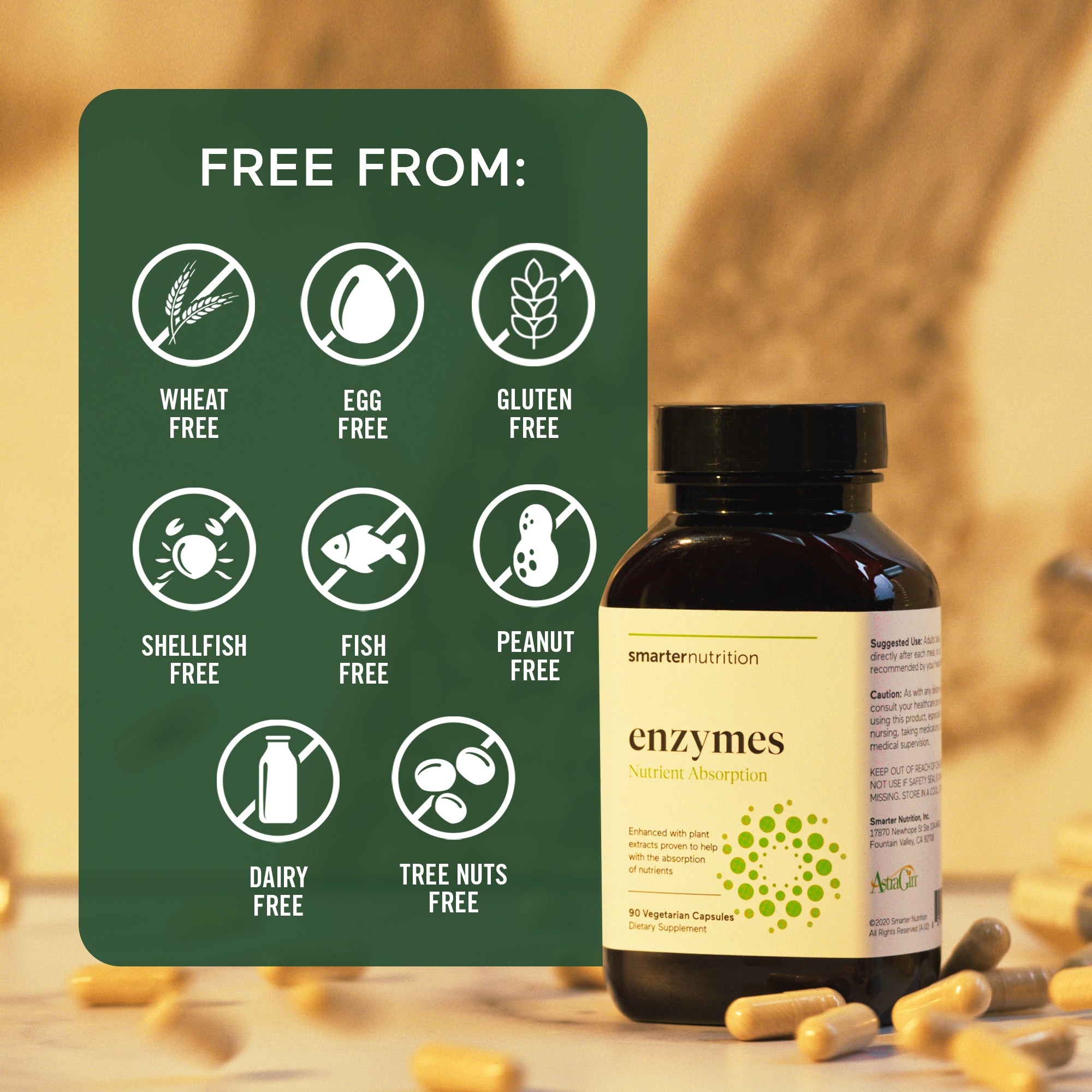 Bottle of enzymes supplement with free-from labels on a wooden surface