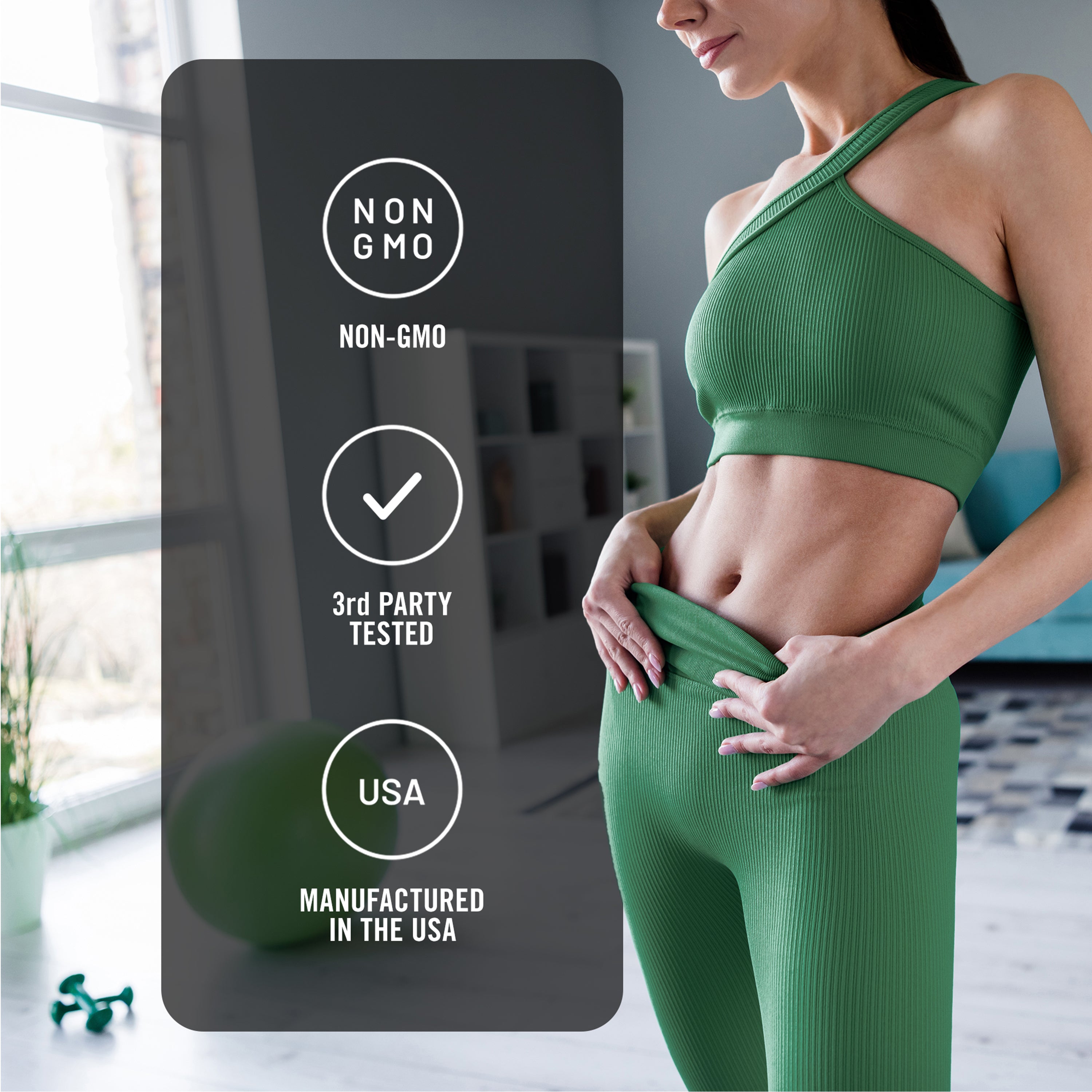 Woman in green athletic wear with product label highlighting non-GMO, third-party tested, and USA manufacturing.