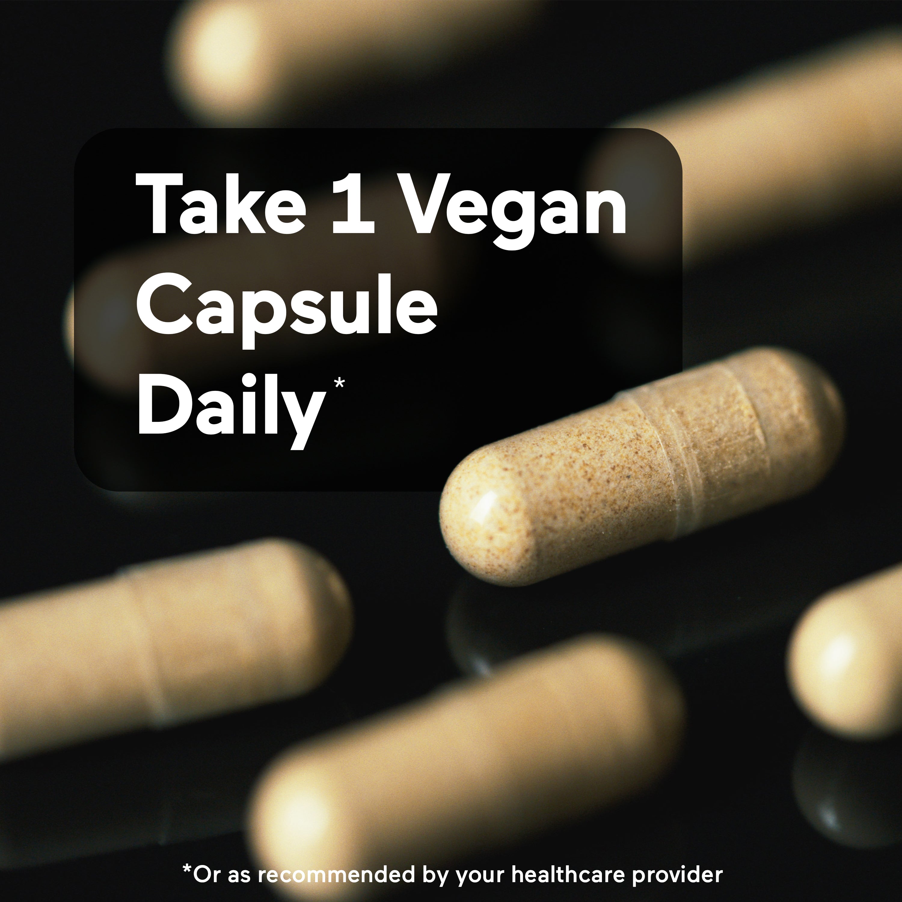 Vegan capsules with text overlay on a dark background