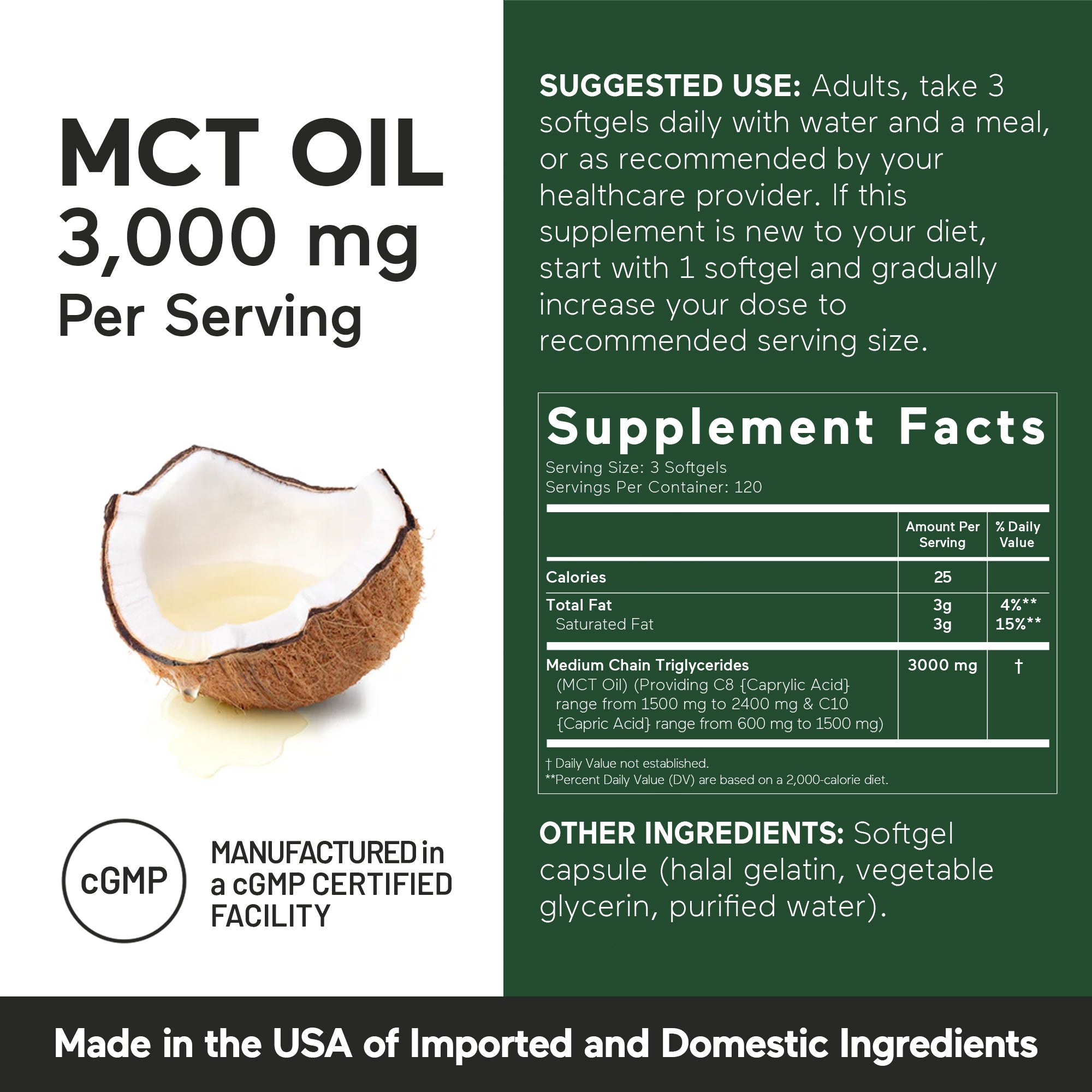 120 servings of MCT oil supplement label with coconut image and text on a white and green background