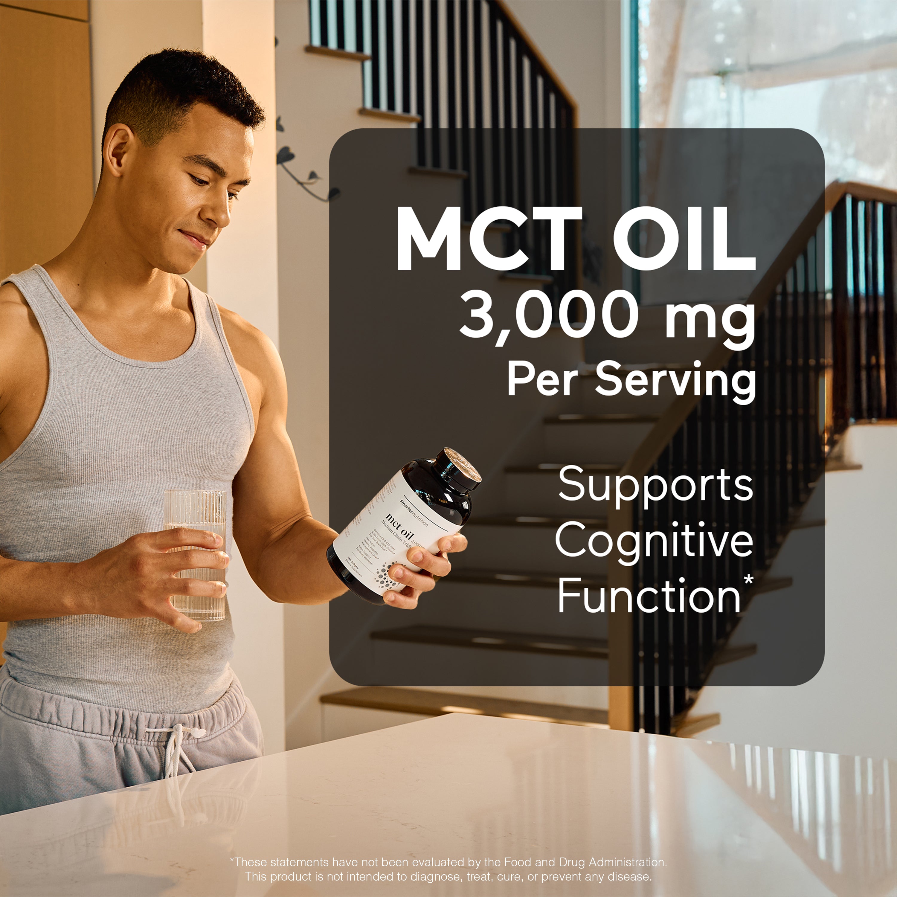 Man holding a bottle of MCT oil supplement with text about supporting cognitive function.