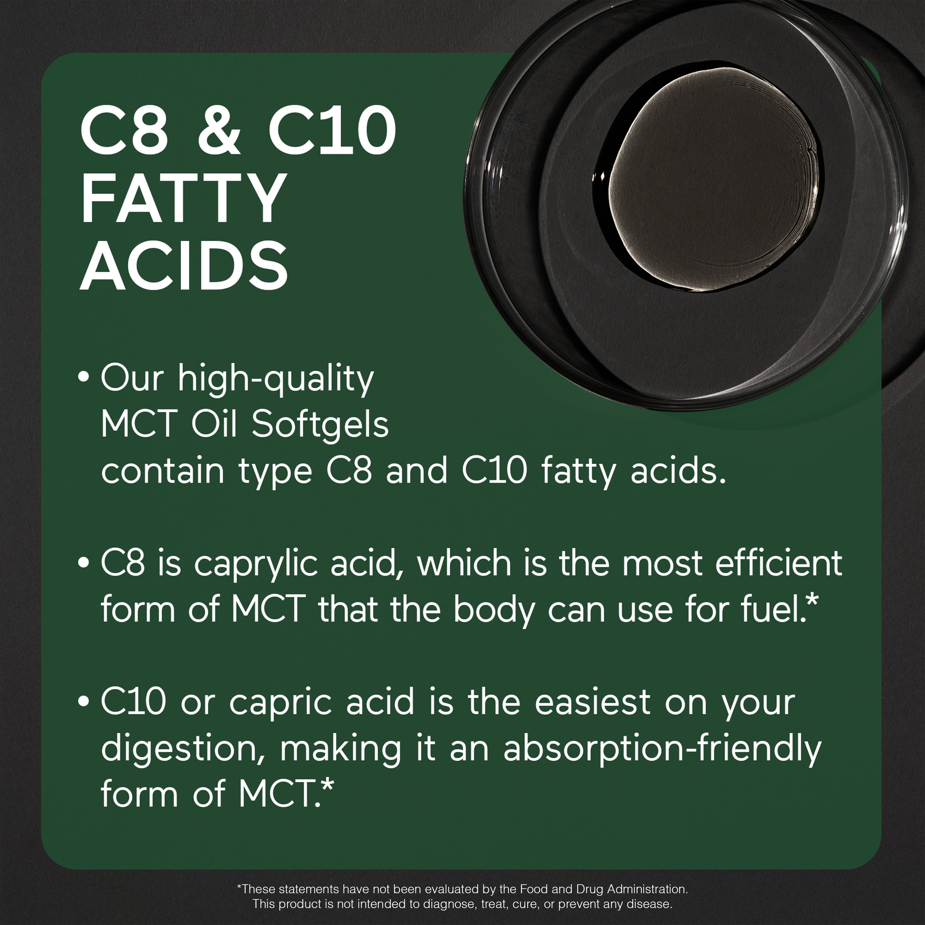 Product packaging with text about C8 & C10 fatty acids and MCT oil softgels.