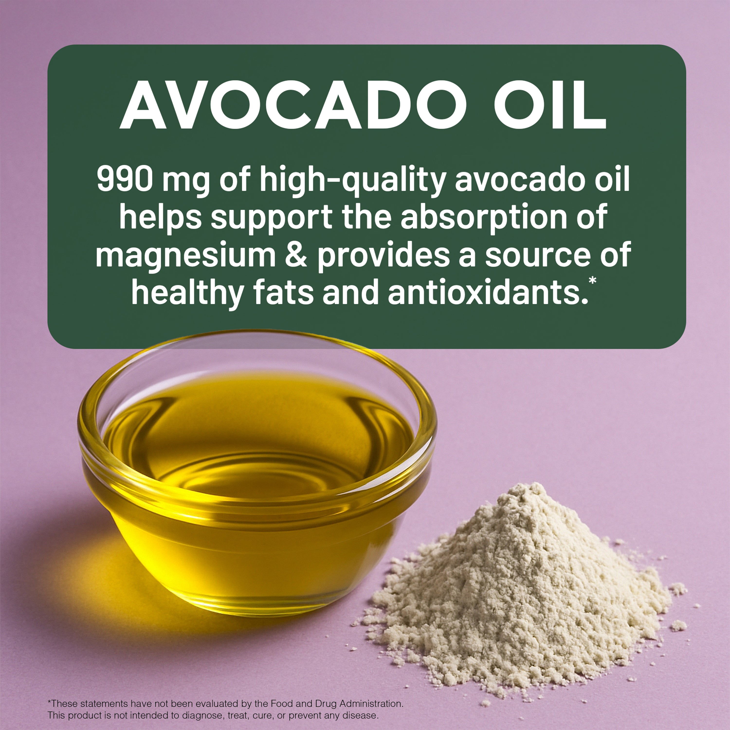 Glass bowl of avocado oil and a pile of powder on a purple background with text about avocado oil benefits.