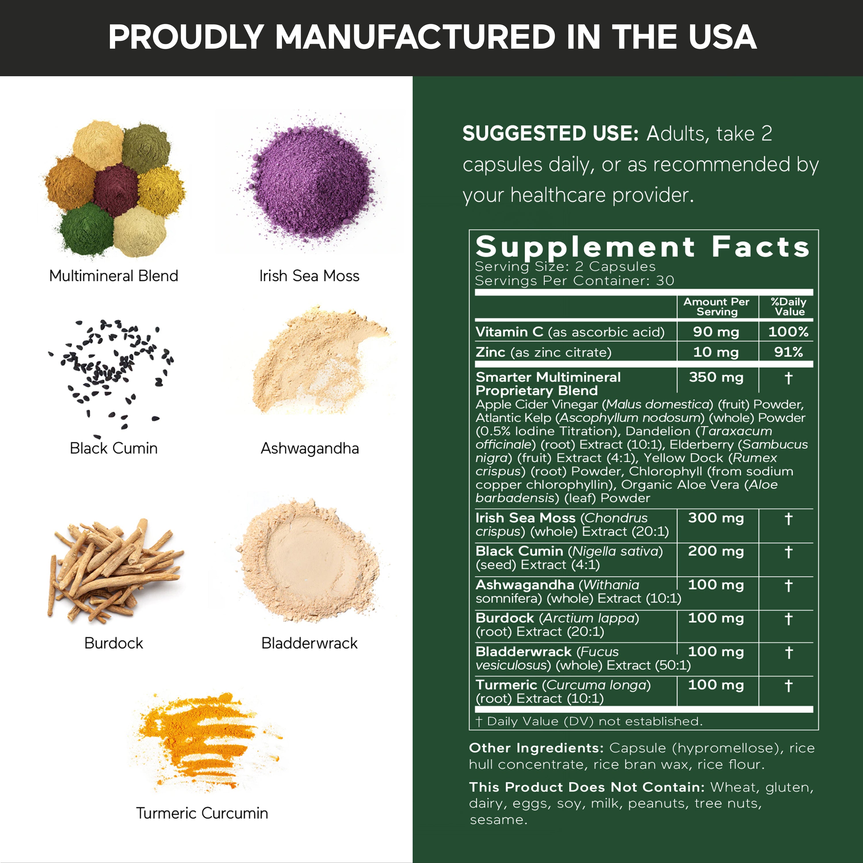 Smarter Sea Moss supplement label with ingredients and supplement facts on a white and green background