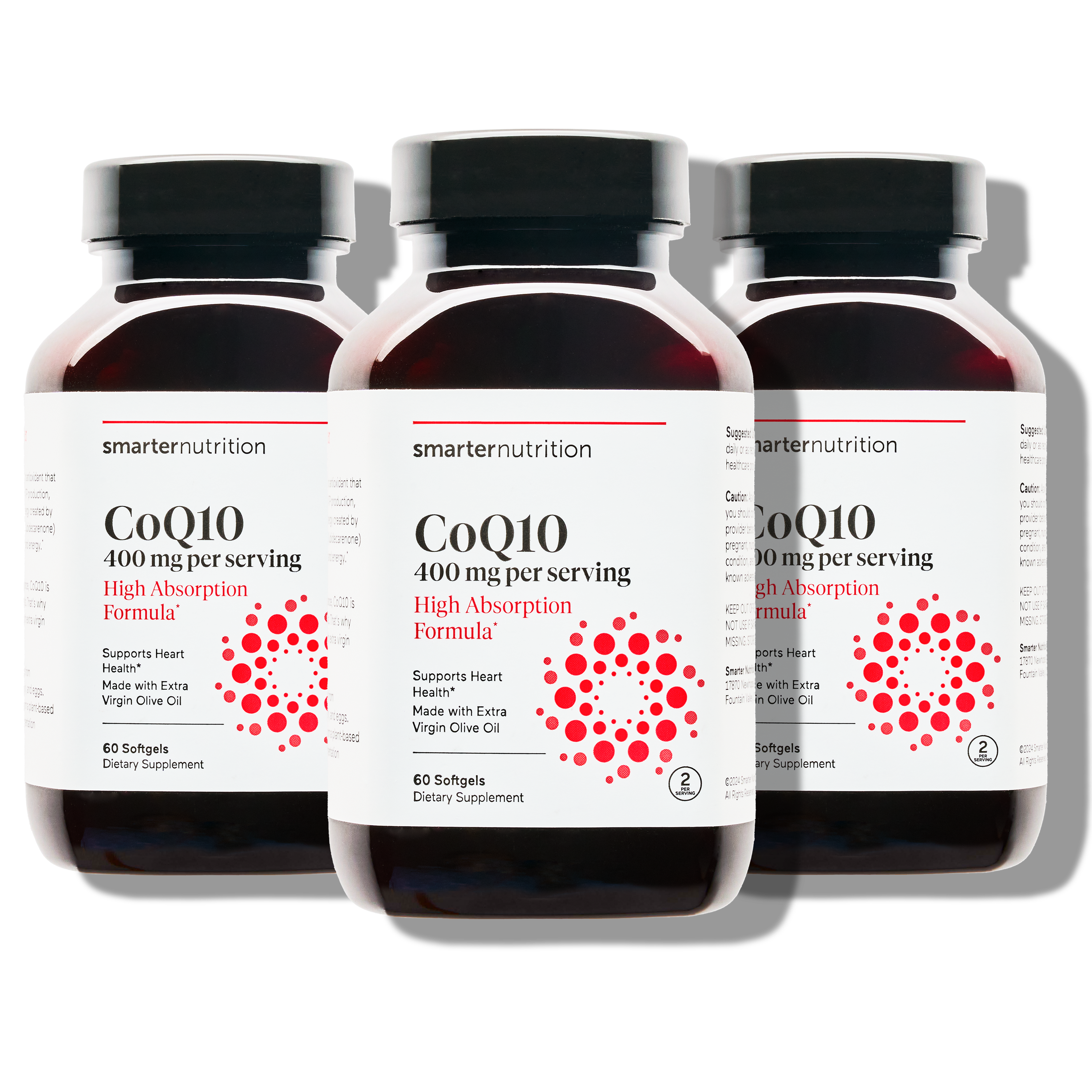 3 bottles of Smarter CoQ10 by Smarter Nutrition, featuring a black cap and a label with red and white text including product information.