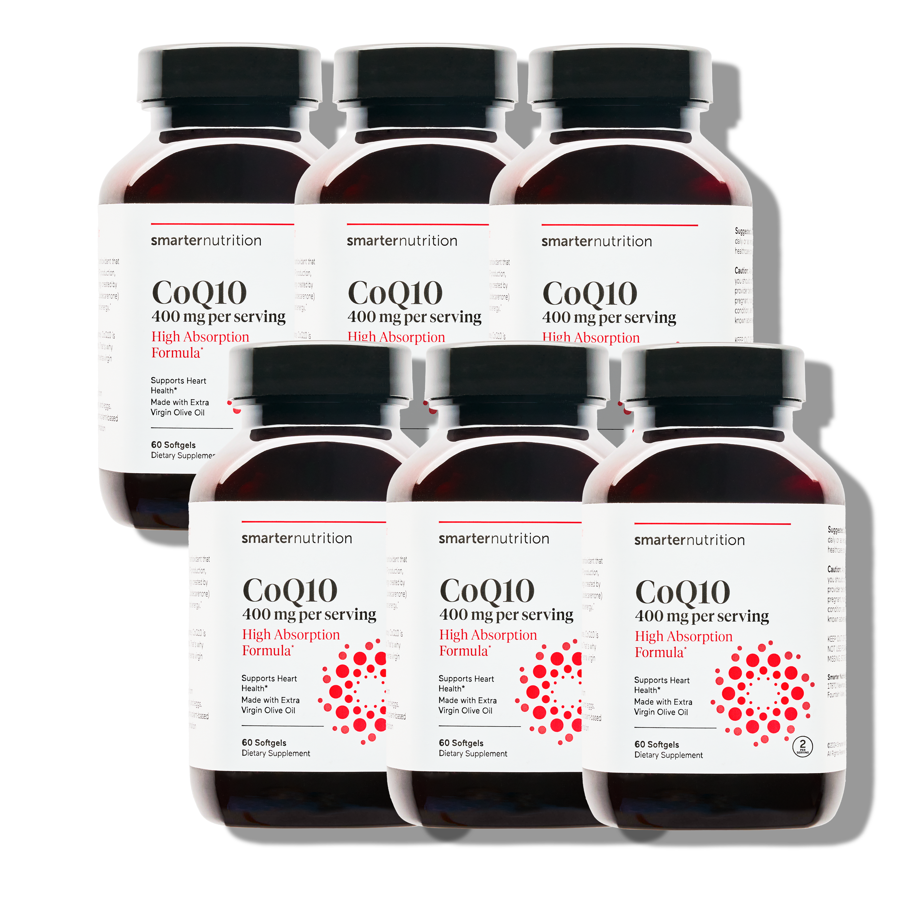 6 bottles of Smarter CoQ10 by Smarter Nutrition, featuring a black cap and a label with red and white text including product information.