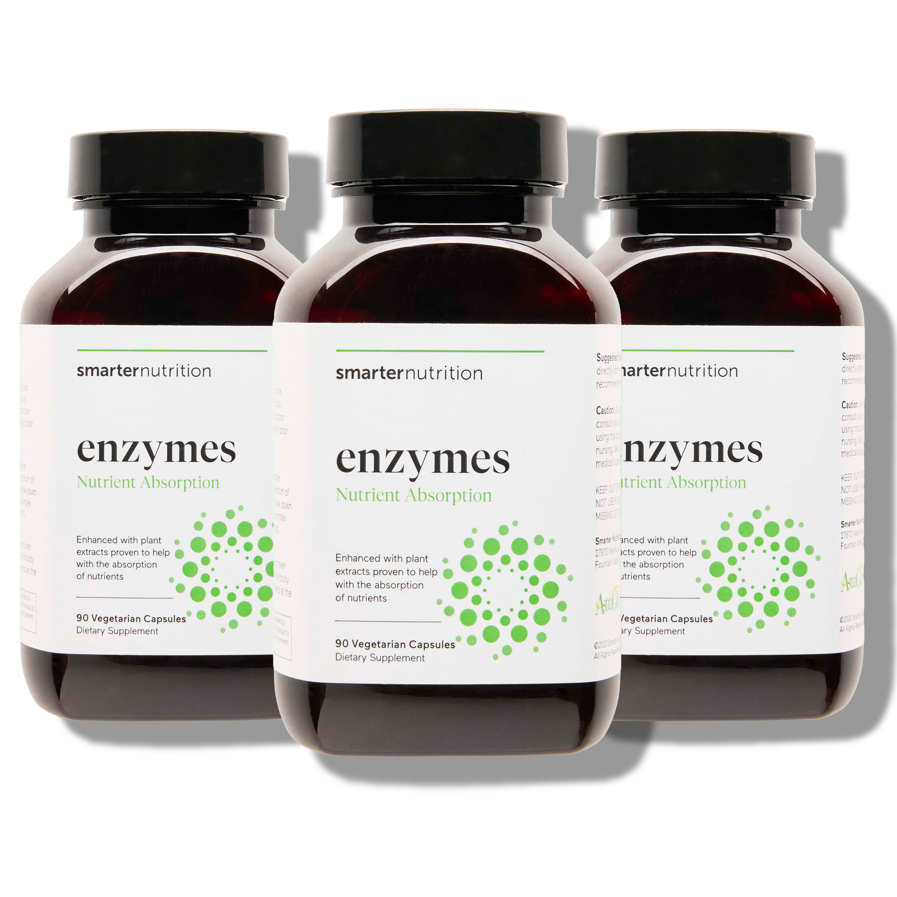 3 bottles labeled 'enzymes' by smarternutrition on a white background