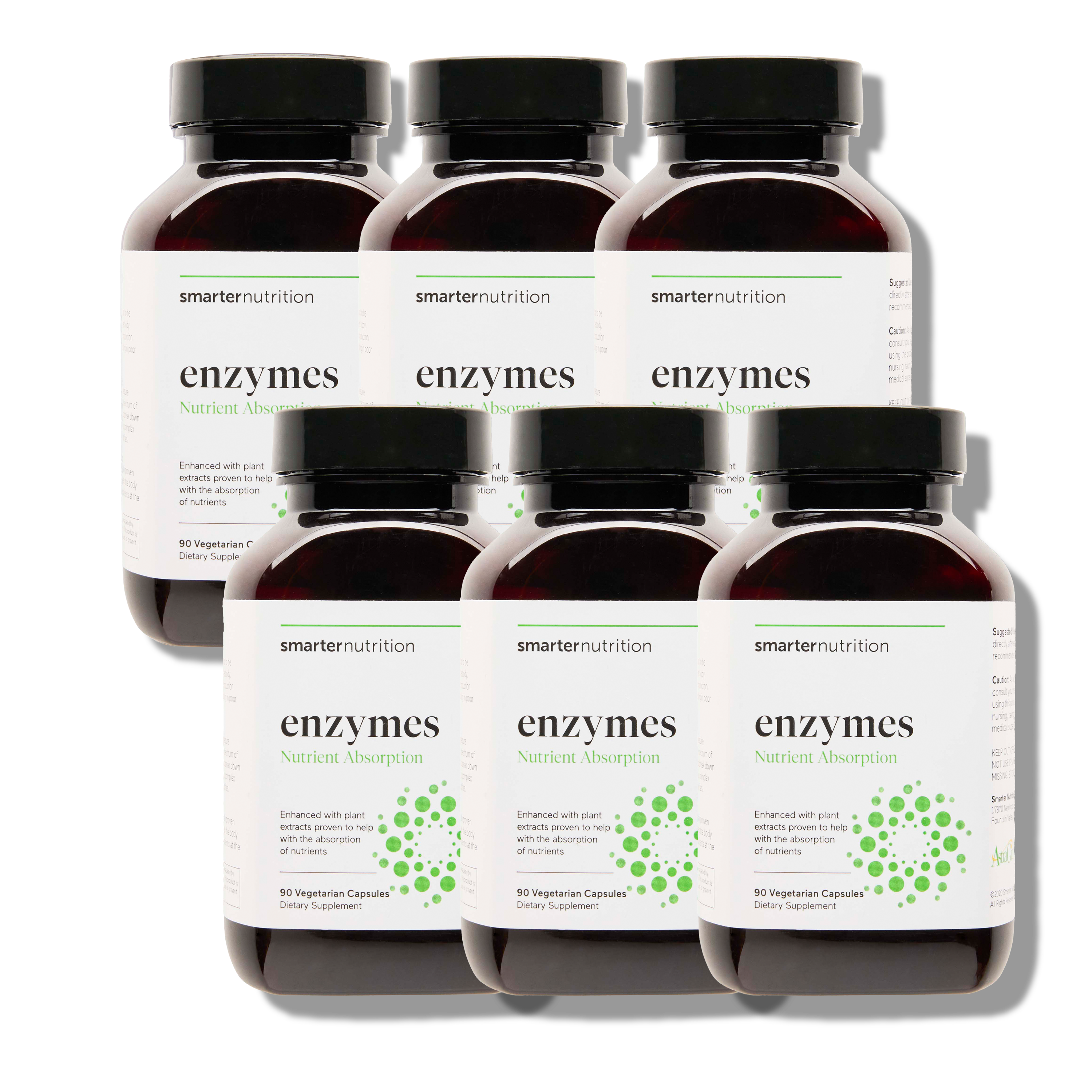 6 bottles labeled 'enzymes' by smarternutrition on a white background