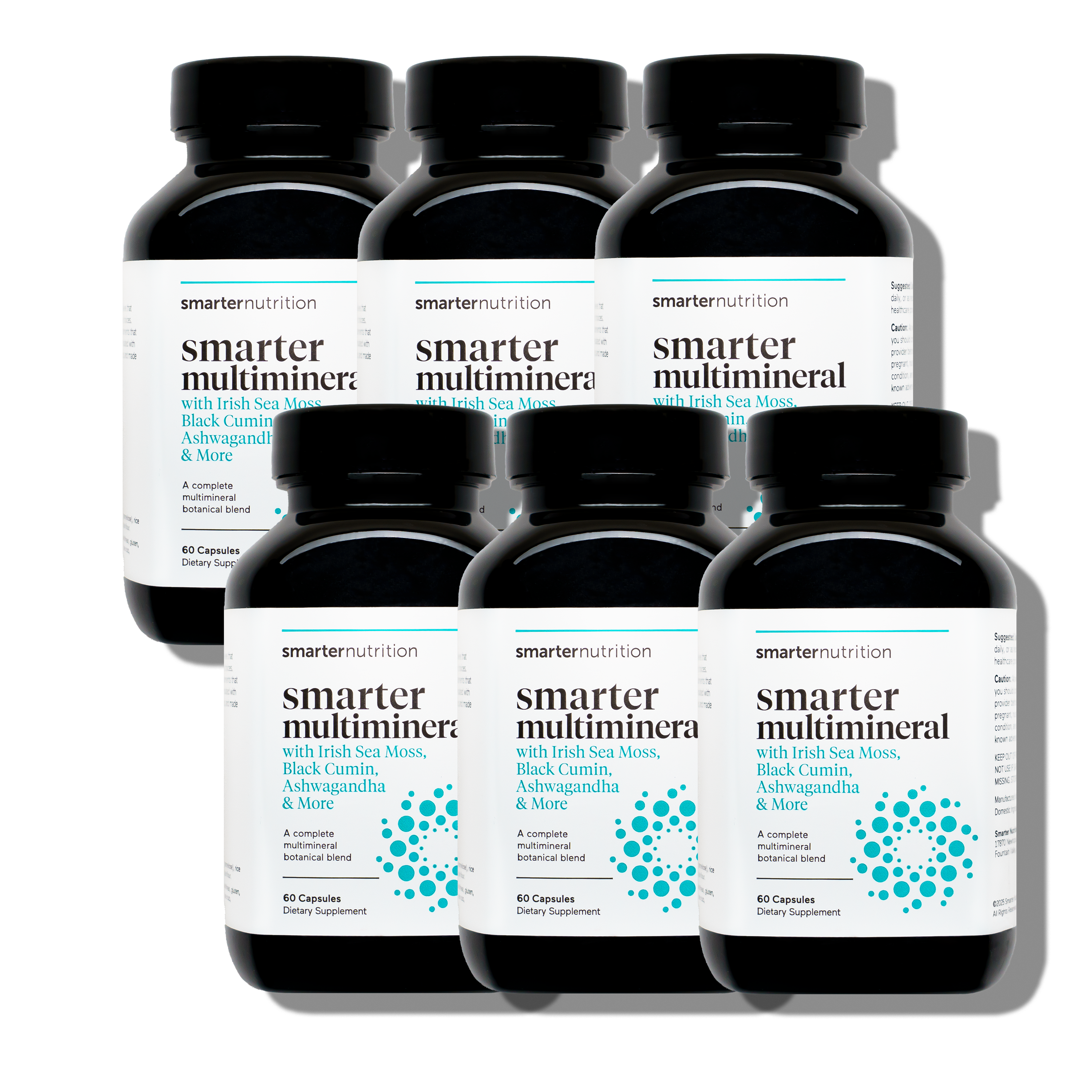 Multiple bottles of smarter nutrition multimineral supplement on a white background