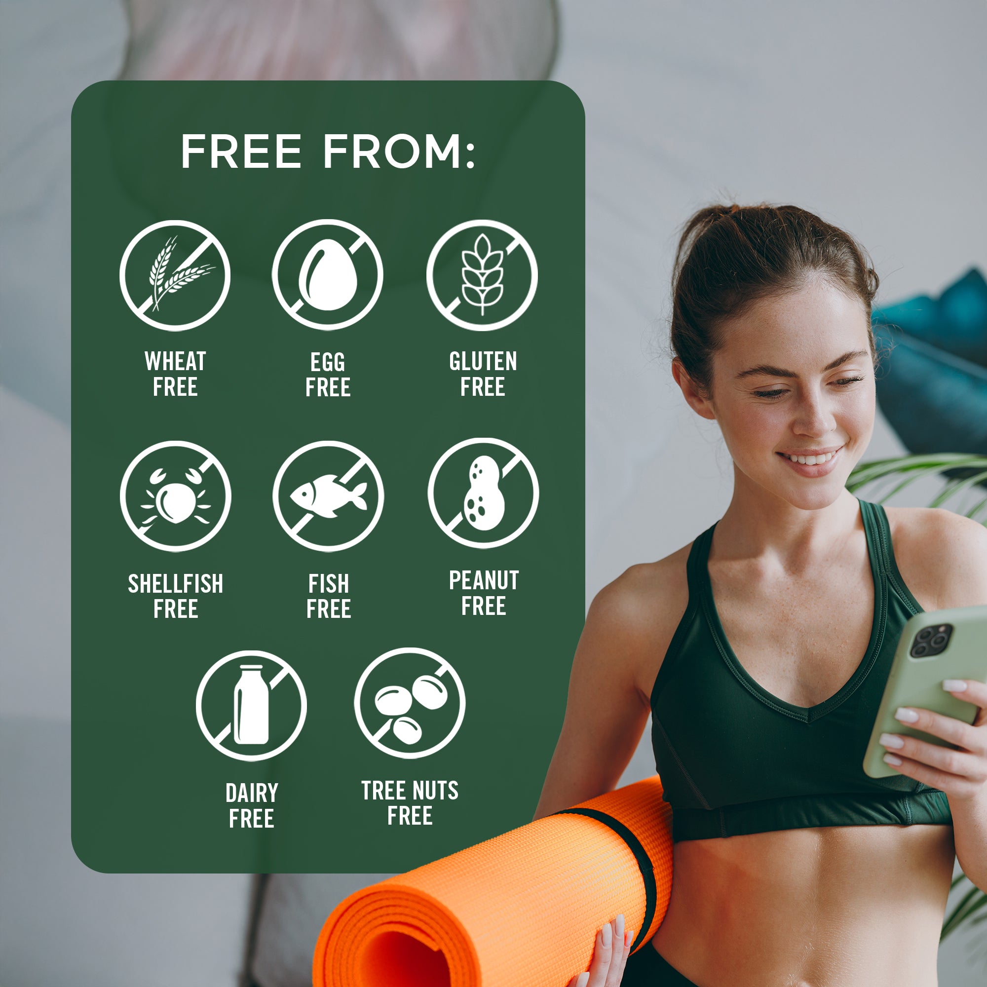 Woman holding a phone with a green sign indicating free-from allergen labels.