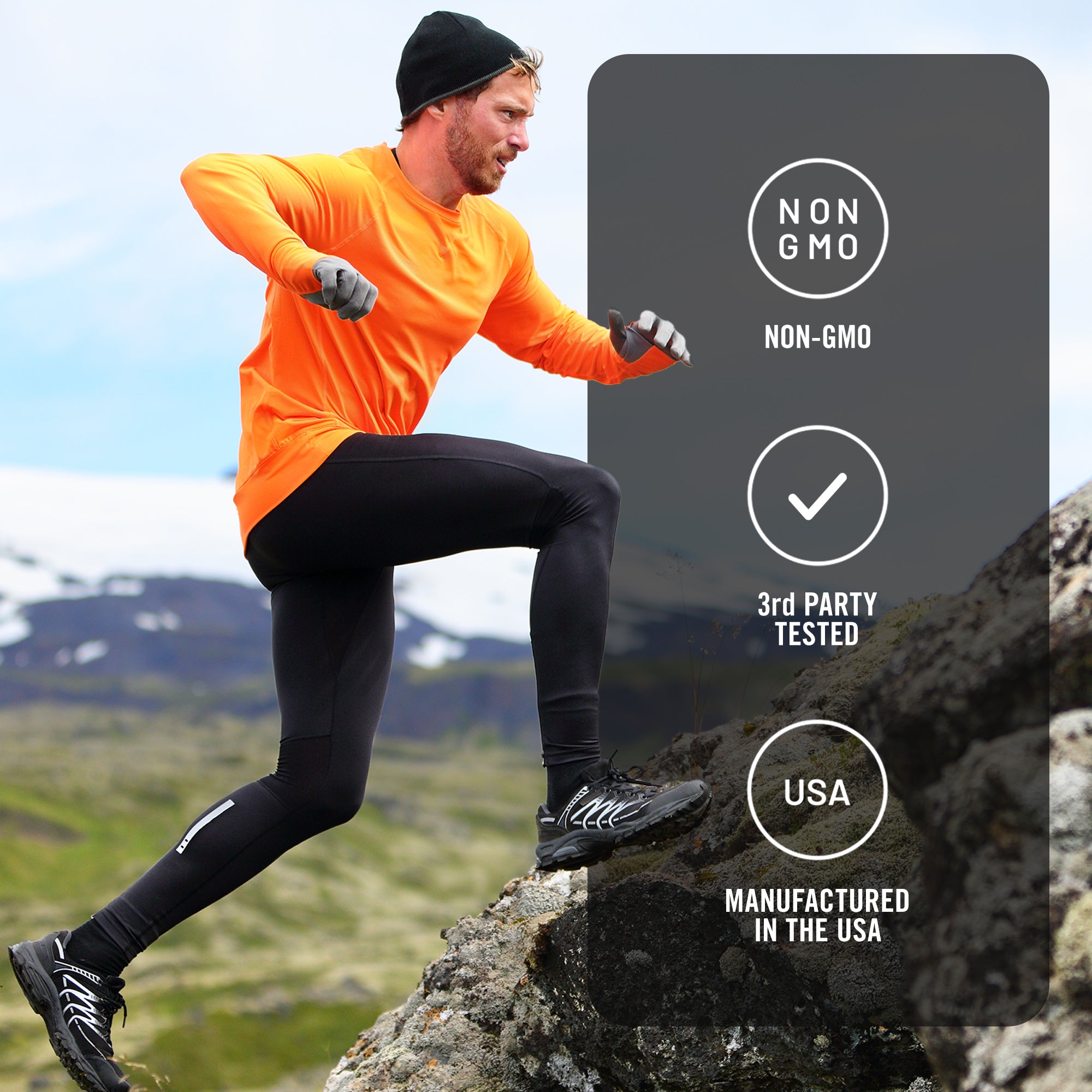 Man running on a mountain with product certification icons overlayed