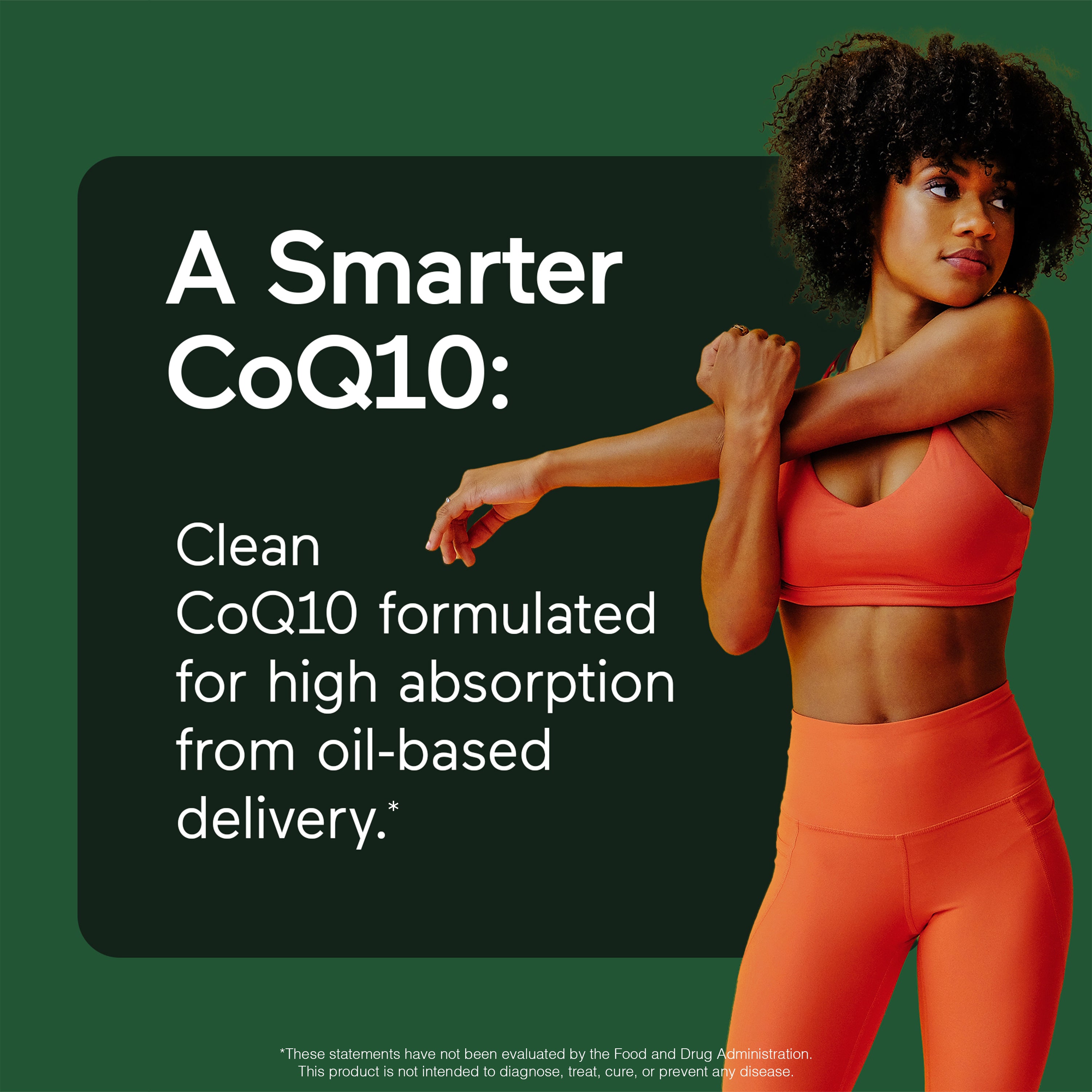 Woman in athletic wear with CoQ10 product information on a green background