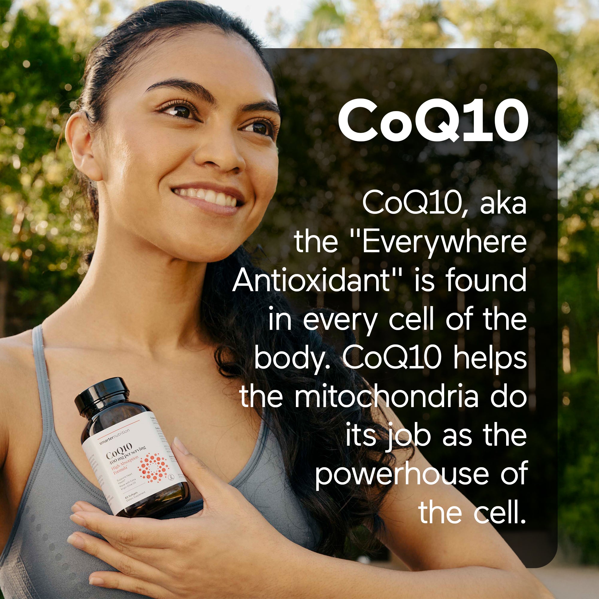 Woman holding CoQ10 supplement bottle with text about CoQ10 benefits