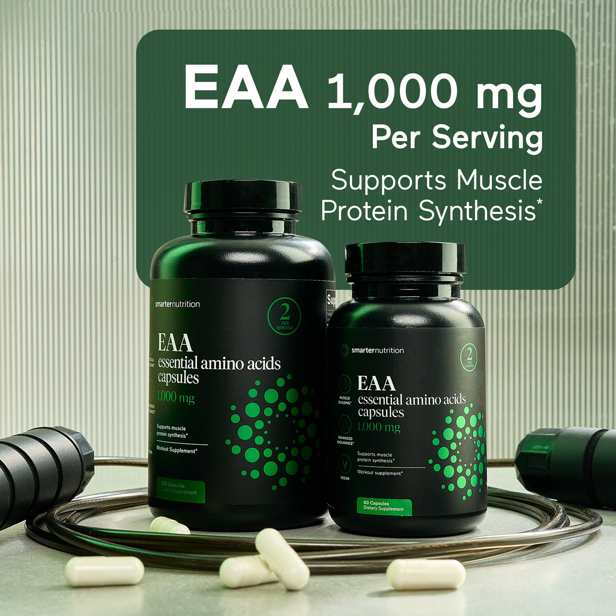 Two bottles of EAA (essential amino acids) capsules with text about serving size and benefits on a neutral background.