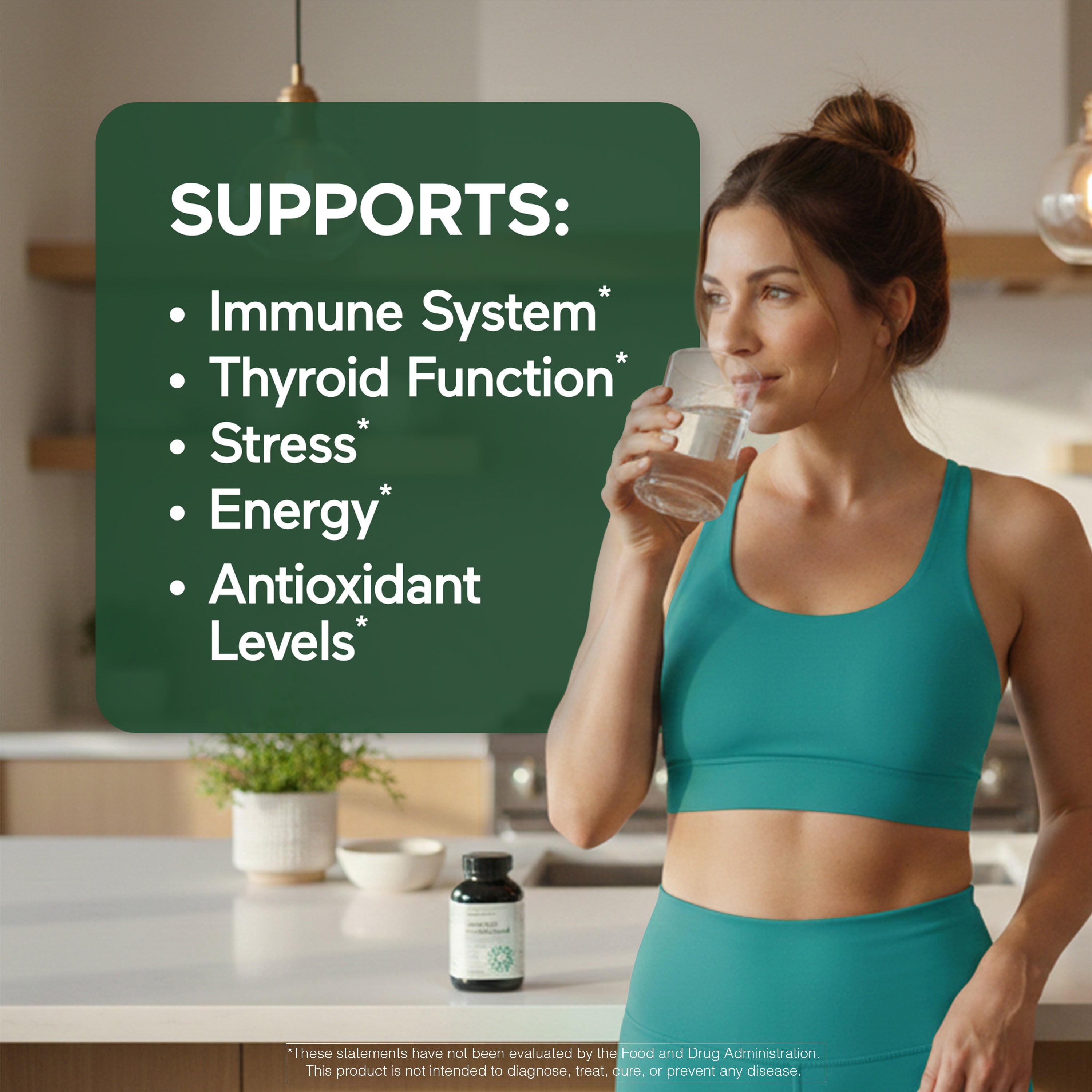 Woman in green athletic wear drinking water with a text overlay about sea moss supplement benefits.