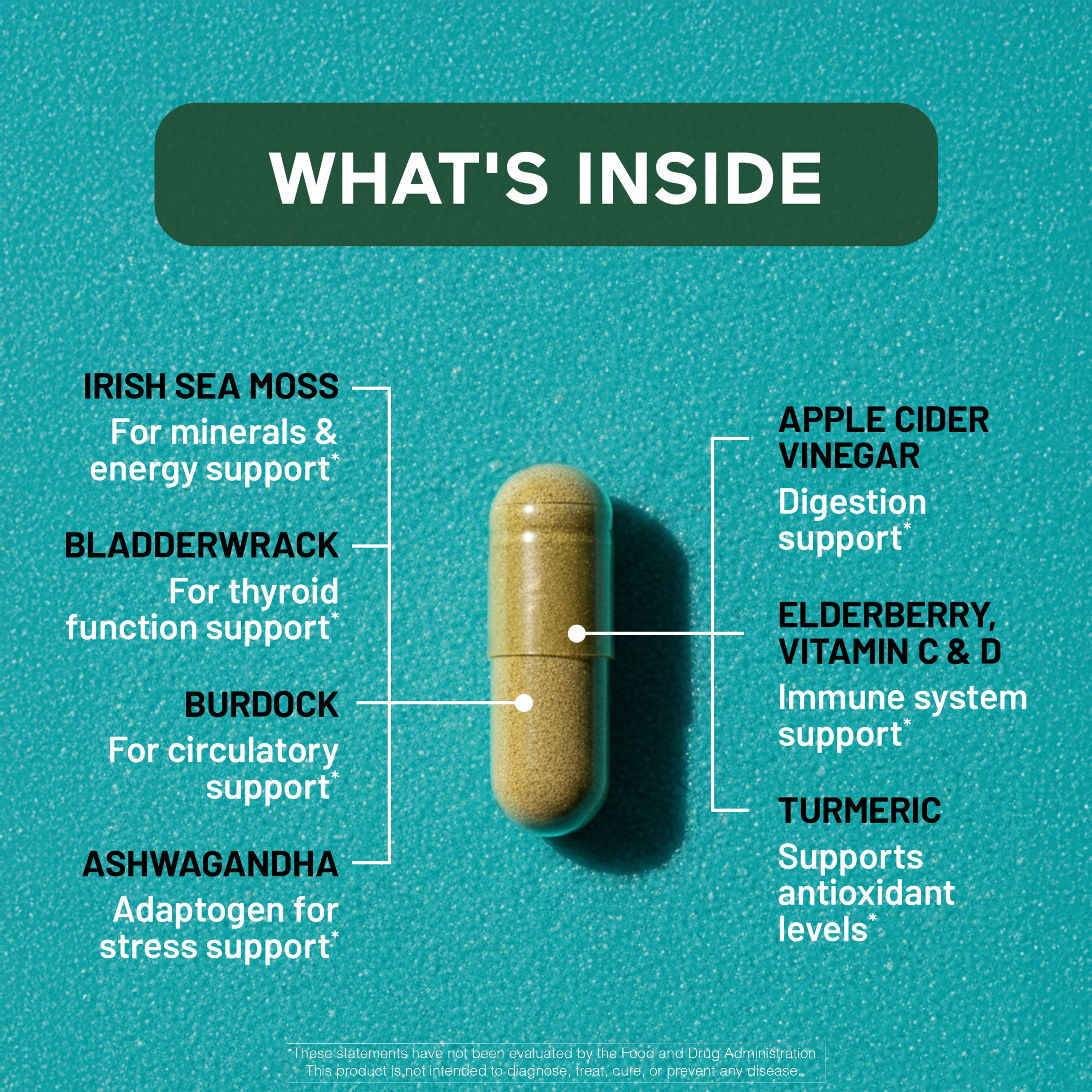 Sea moss supplement capsule with health benefits listed on a teal background