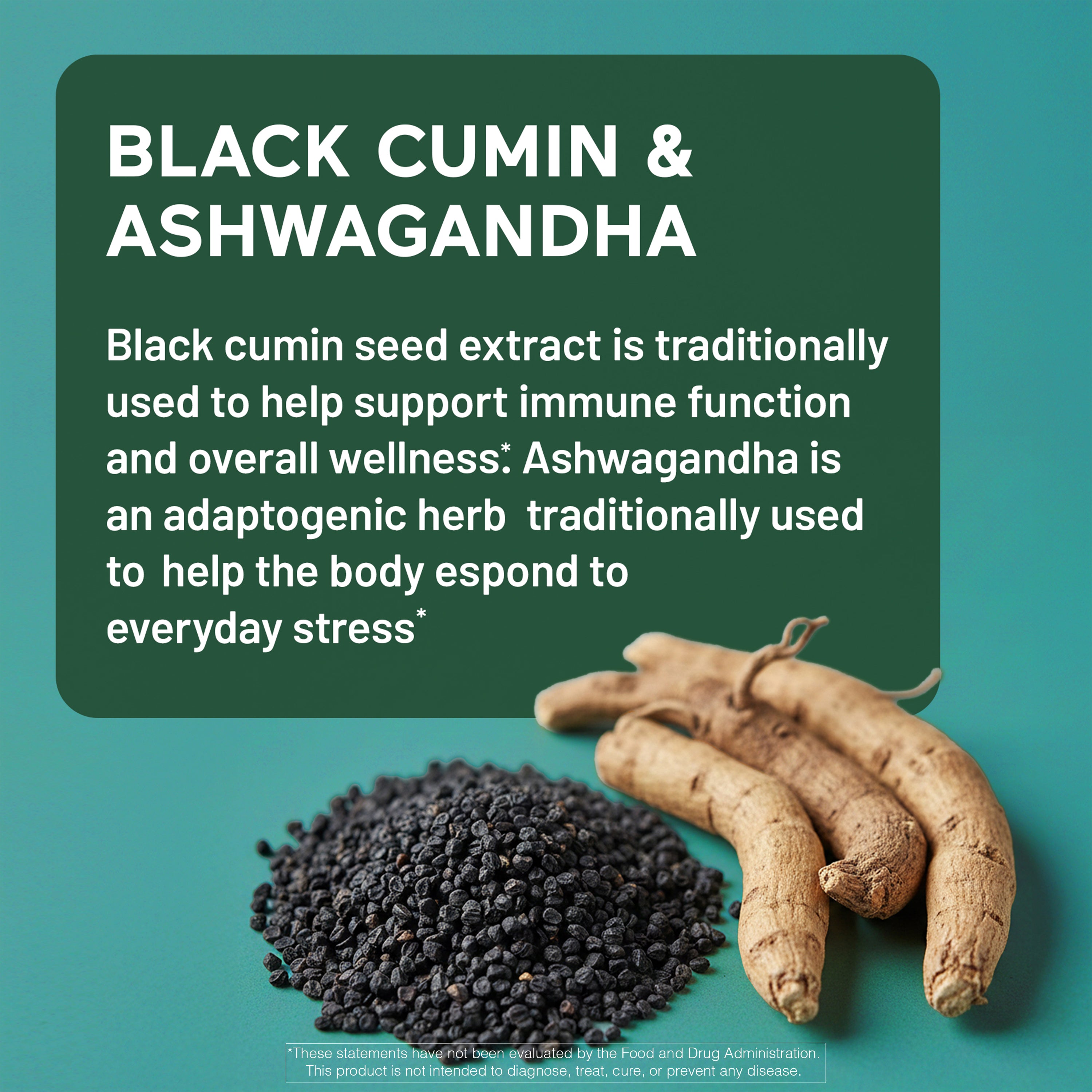 Black cumin seeds and Ashwagandha roots with text on a teal background