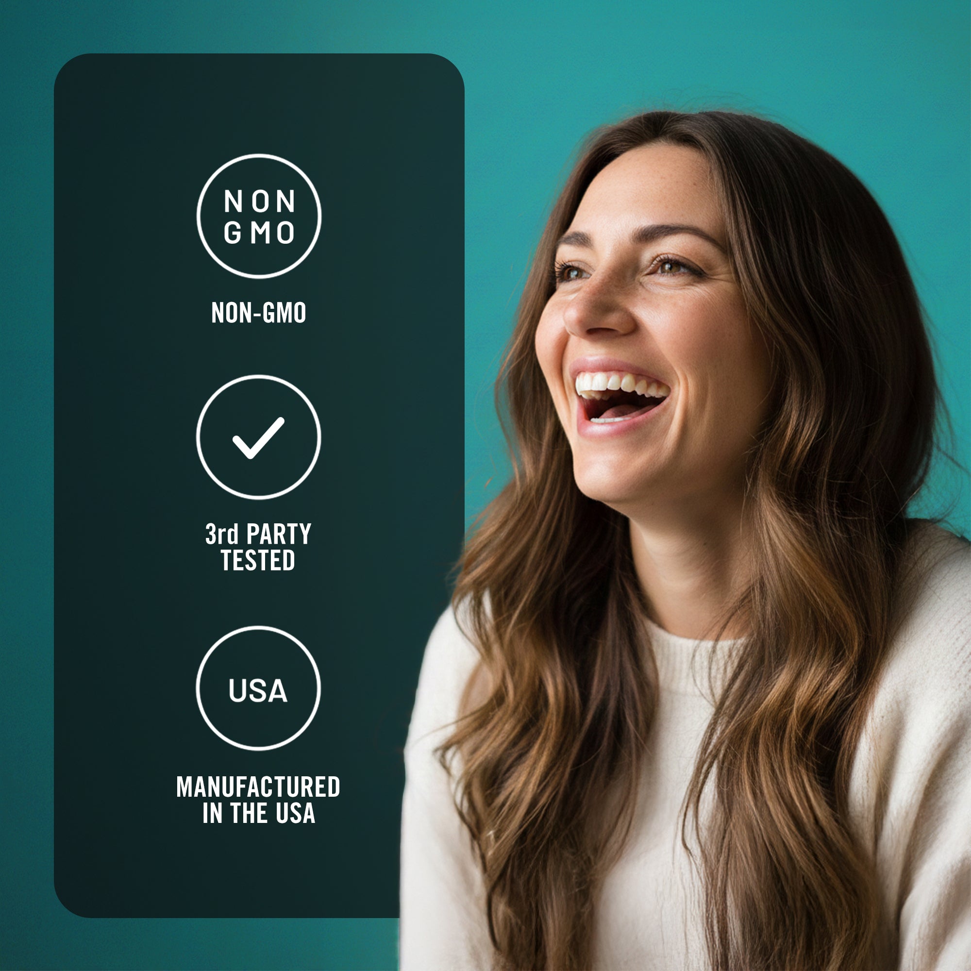 Woman smiling with a label indicating non-GMO, third-party tested, and USA manufacturing on a teal background
