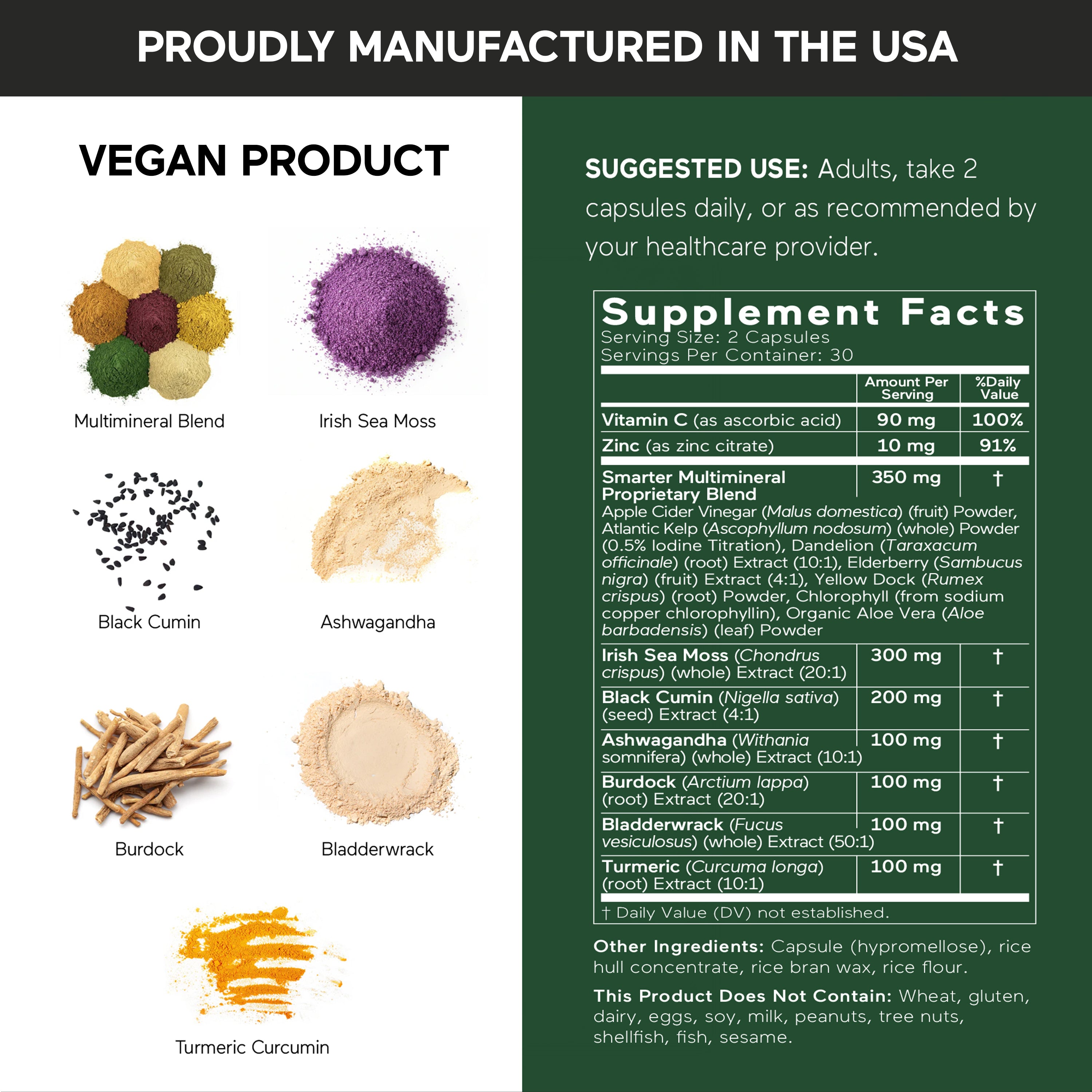 Smarter Sea Moss supplement label with ingredients and supplement facts on a white and green background