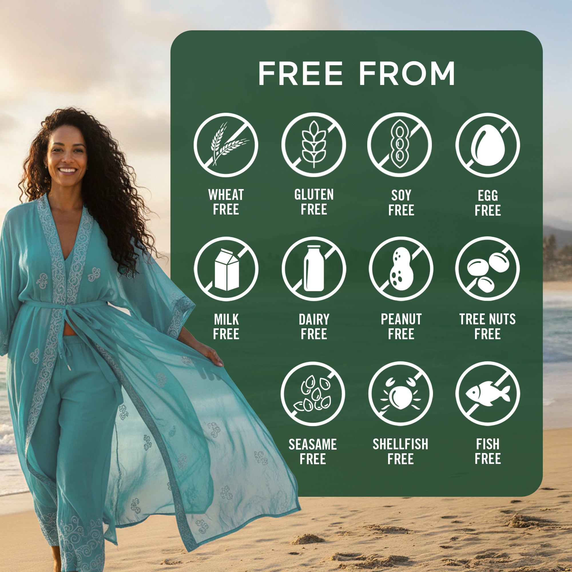 Woman in a blue outfit standing on a beach with a 'Free From' label detailing allergen-free products.