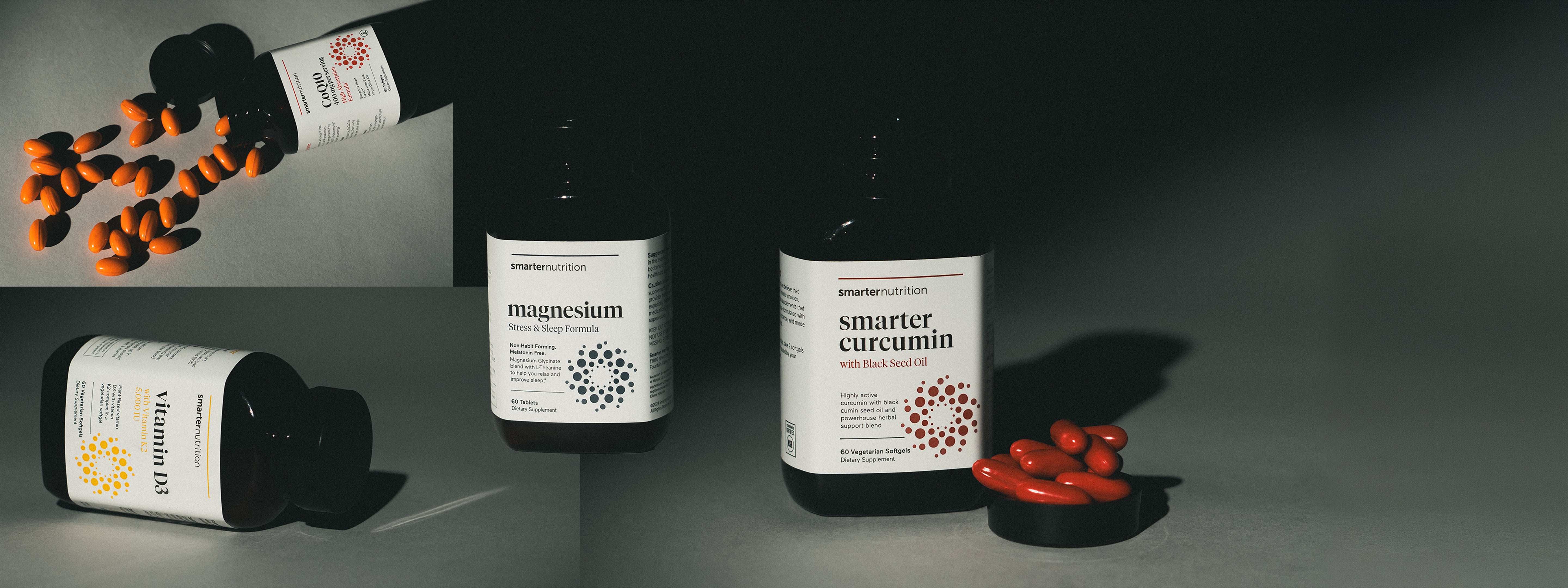 Bottles of Smarter Nutrition supplements with labels on a gray background