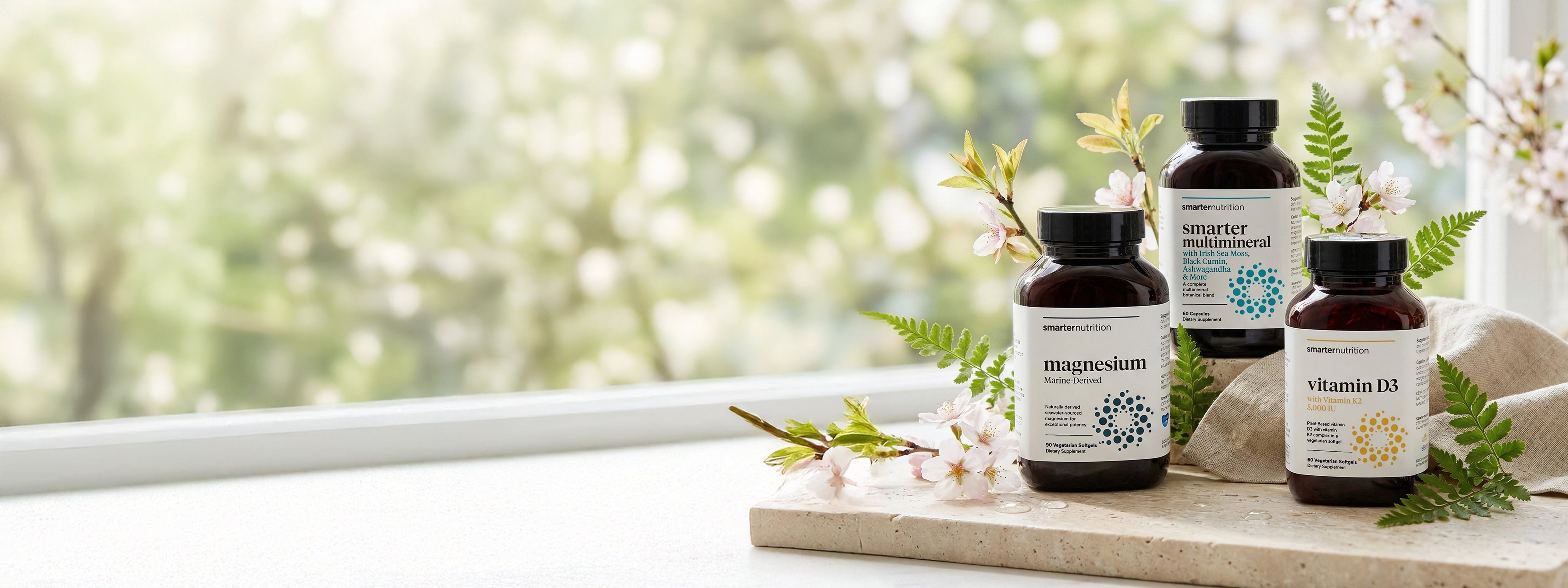 Smarter Nutrition supplements on a windowsill with natural light