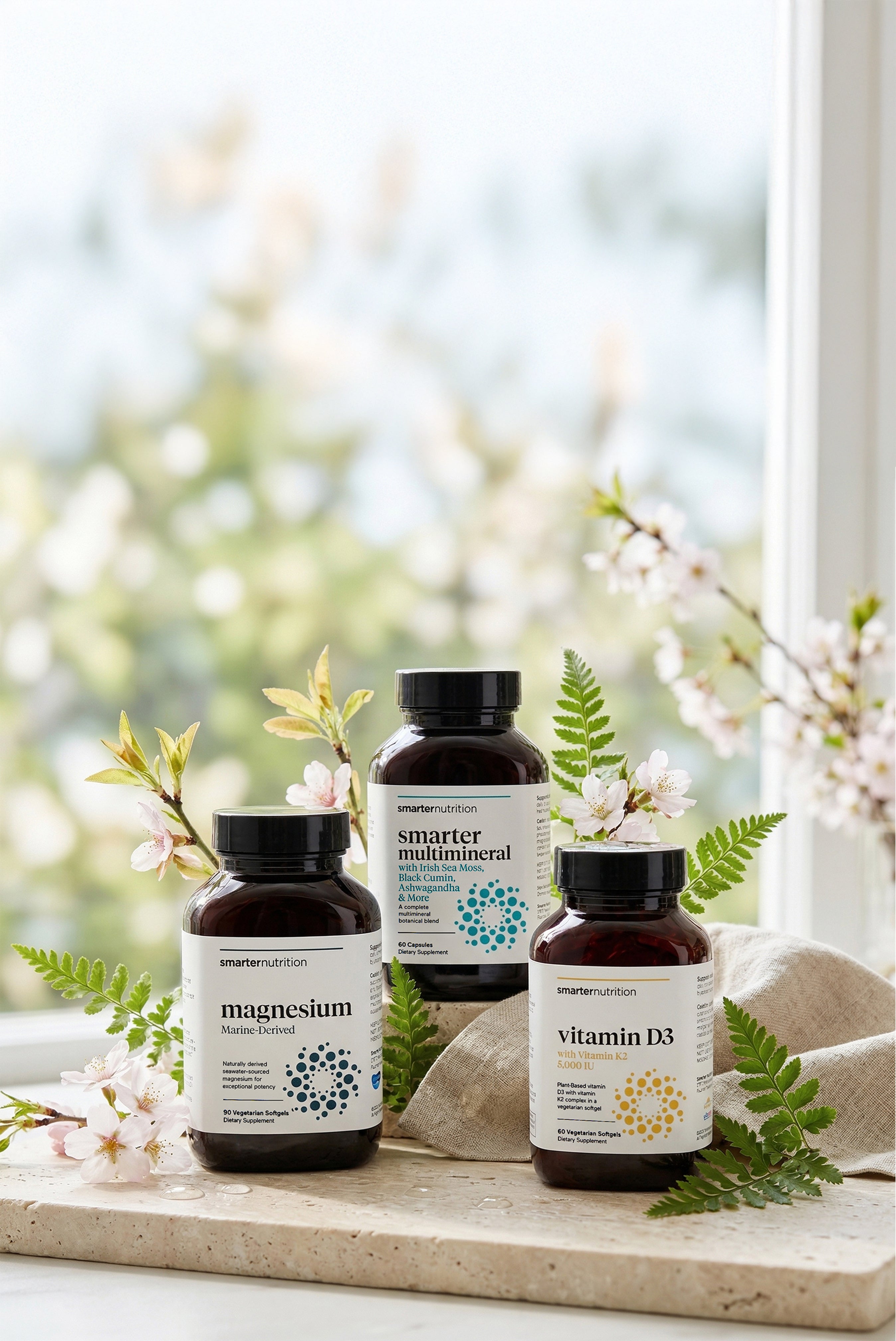 Three Smarter Nutrition supplements  on a windowsill with natural light and greenery.