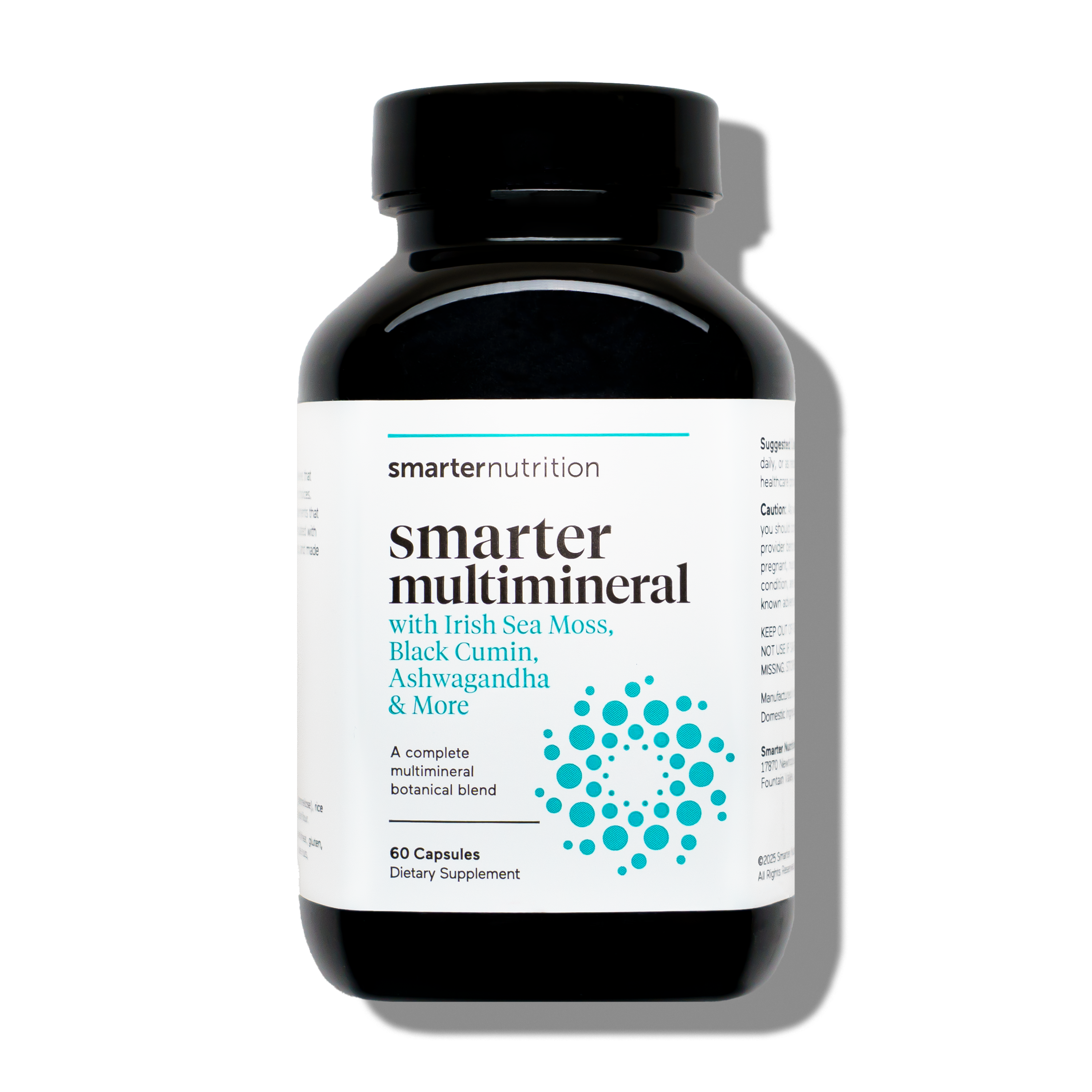 Black supplement Sea Moss supplement bottle labeled 'smarter nutrition smarter multimineral' on a white background